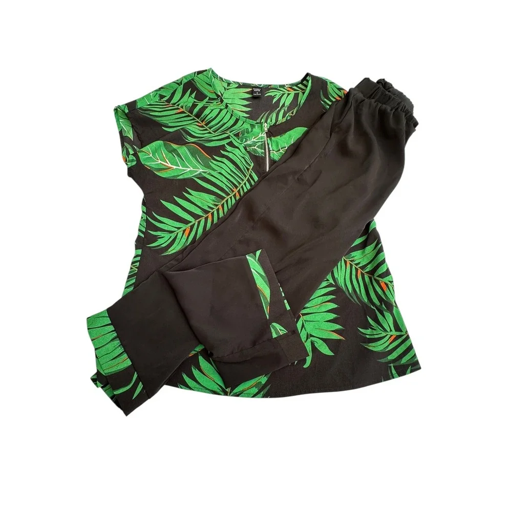 Emery‎ Rose Women's Black Green Palm Leaf Print Top & Pants Set - Size S
